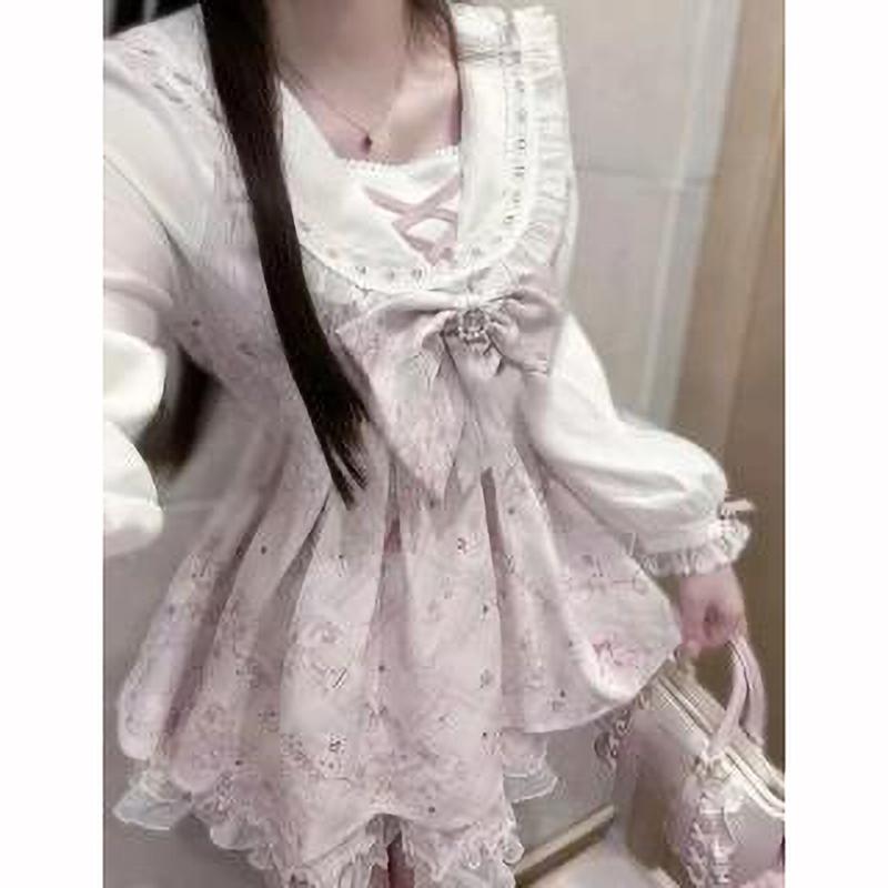 Wiosenna Sukienka Kawaii Lolita Damska Drukowana Kokarda Japońska Krótka Sukienka Imprezowa Sukienki z Wzorem Vintage