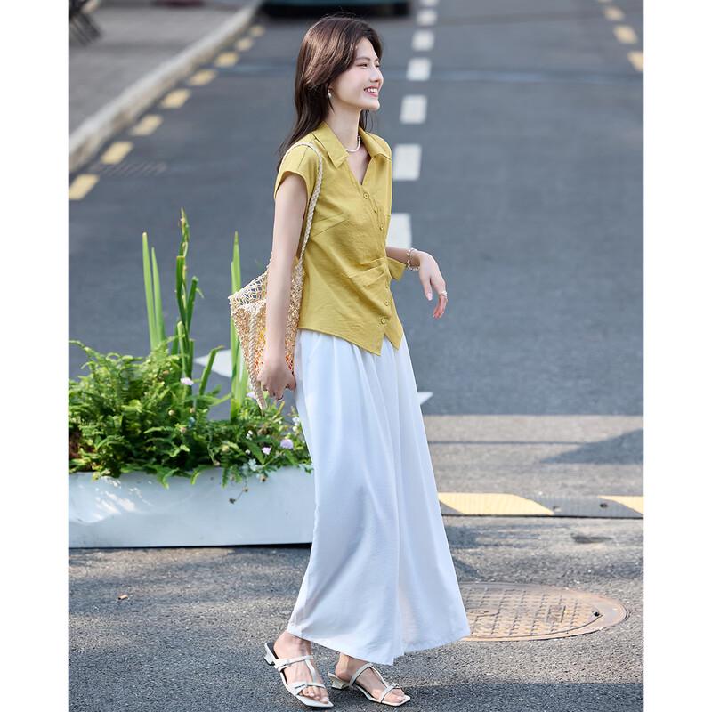 TERRE BLEUE Women's Summer Commuter Shirt & Wide-Leg Pants Set