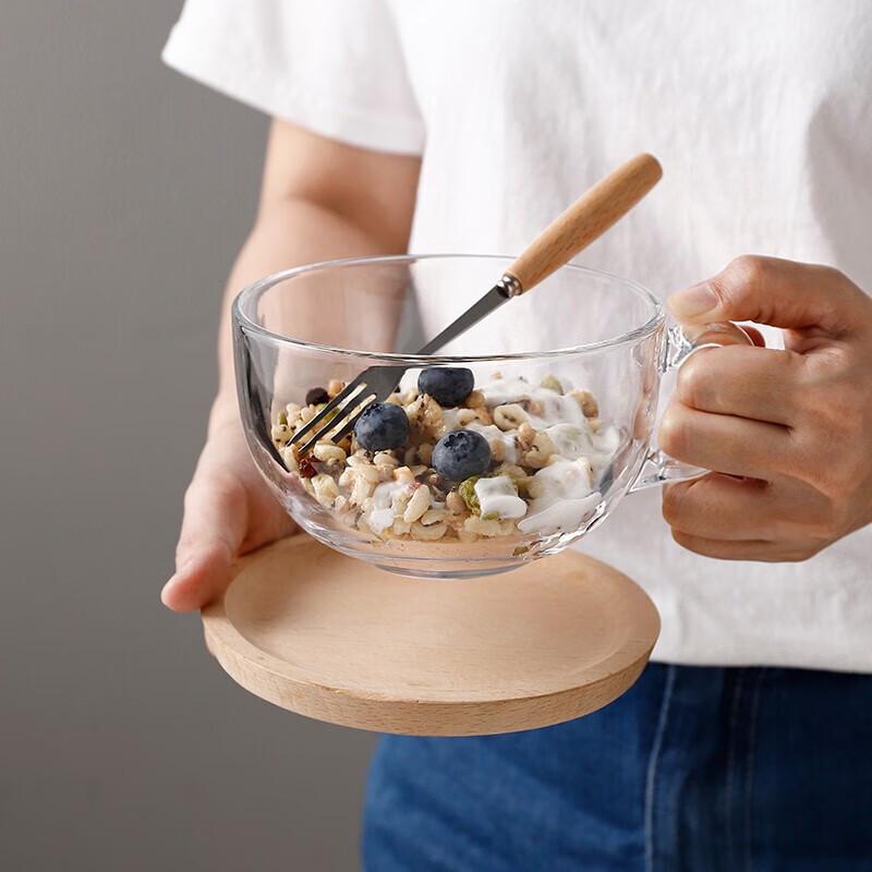 Große japanische Frühstückstasse aus gehärtetem Glas mit Bambusdeckel & Holzlöffel