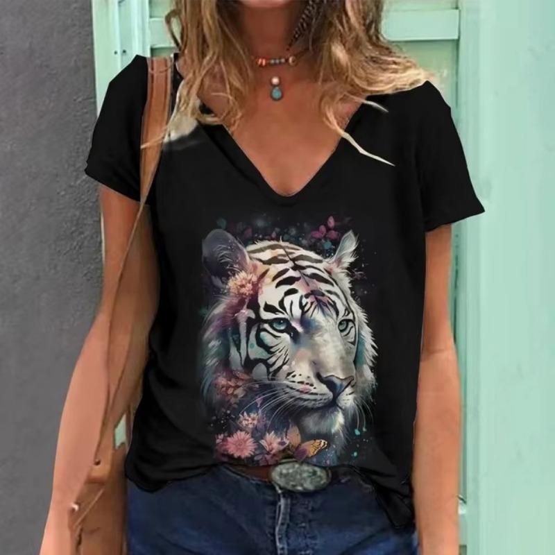 Summer Vintage Animal Tiger T-Shirts 3D Print Women's Casual Short Sleeve V-Neck T Shirt Y2K Tees Harajuku Tops Female Clothing