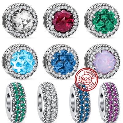 Argento S925 100% Vero Cristallo Colore Rosa Blu Perline Rotonde Radiose Adatte Bracciale Charm Originale Gioielli da Donna Anniversario