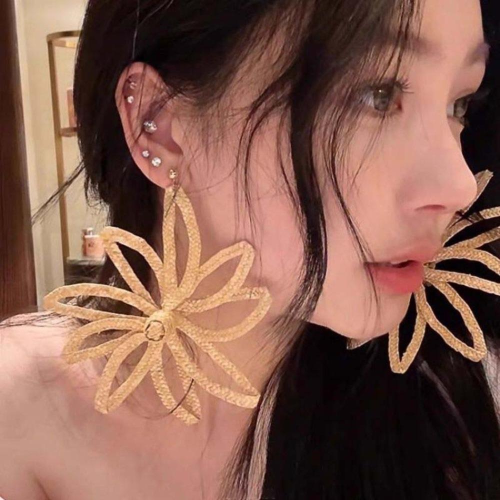 Elegant Straw Woven Earrings Bohemian Style Hollow Floral Earrings  Vacation