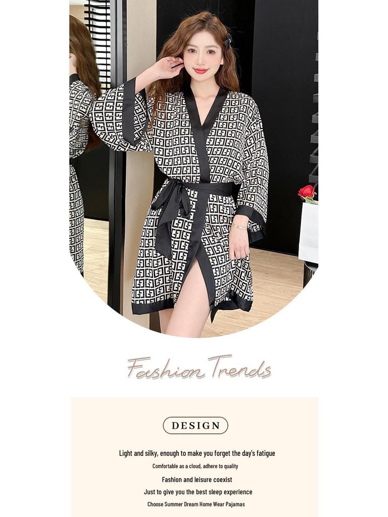 Women's Plus Size Ice Silk Long Sleeve Nightgown - Spring/Autumn High-End Print, Suitable for Outdoor Wear