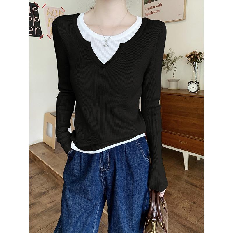 Spring splicing contrasting color fake two-piece knitted sweater femininity collar high-end long-sleeved top bottoming shirt