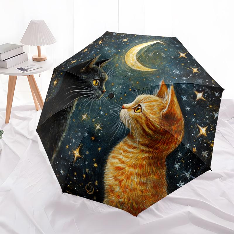 1 Stück Automatischer Faltregenschirm - Sternennacht Katzenmuster, Tragbares & Faltbares Design mit 8 Speichen, Weihnachts-Geburtstagsgeschenke