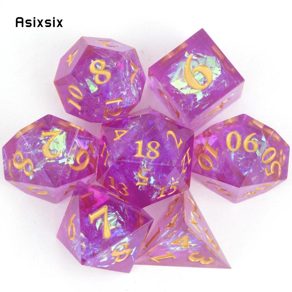 7 Pcs Purple Pink Resin Golden Number Sharp Edge Dice Polyhedral Dice Suitable For Role-Playing Dice PropBoard Game