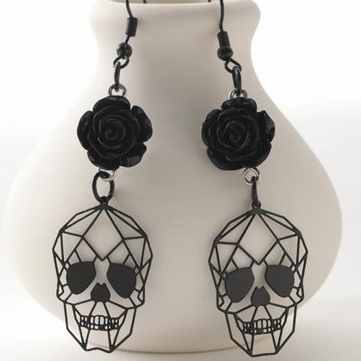 Gothic Punk Skull Rose Flower Drop Earrings, Statement Halloween Jewelry