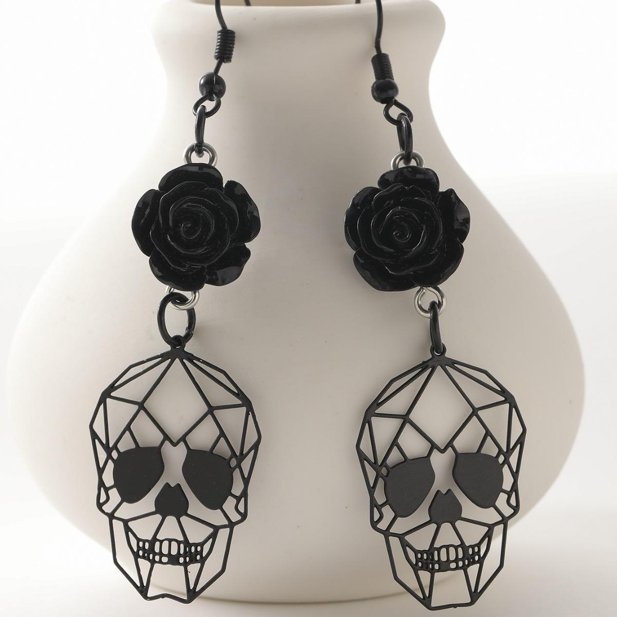 

Gothic Punk Skull Rose Flower Drop Earrings, Statement Halloween Jewelry
