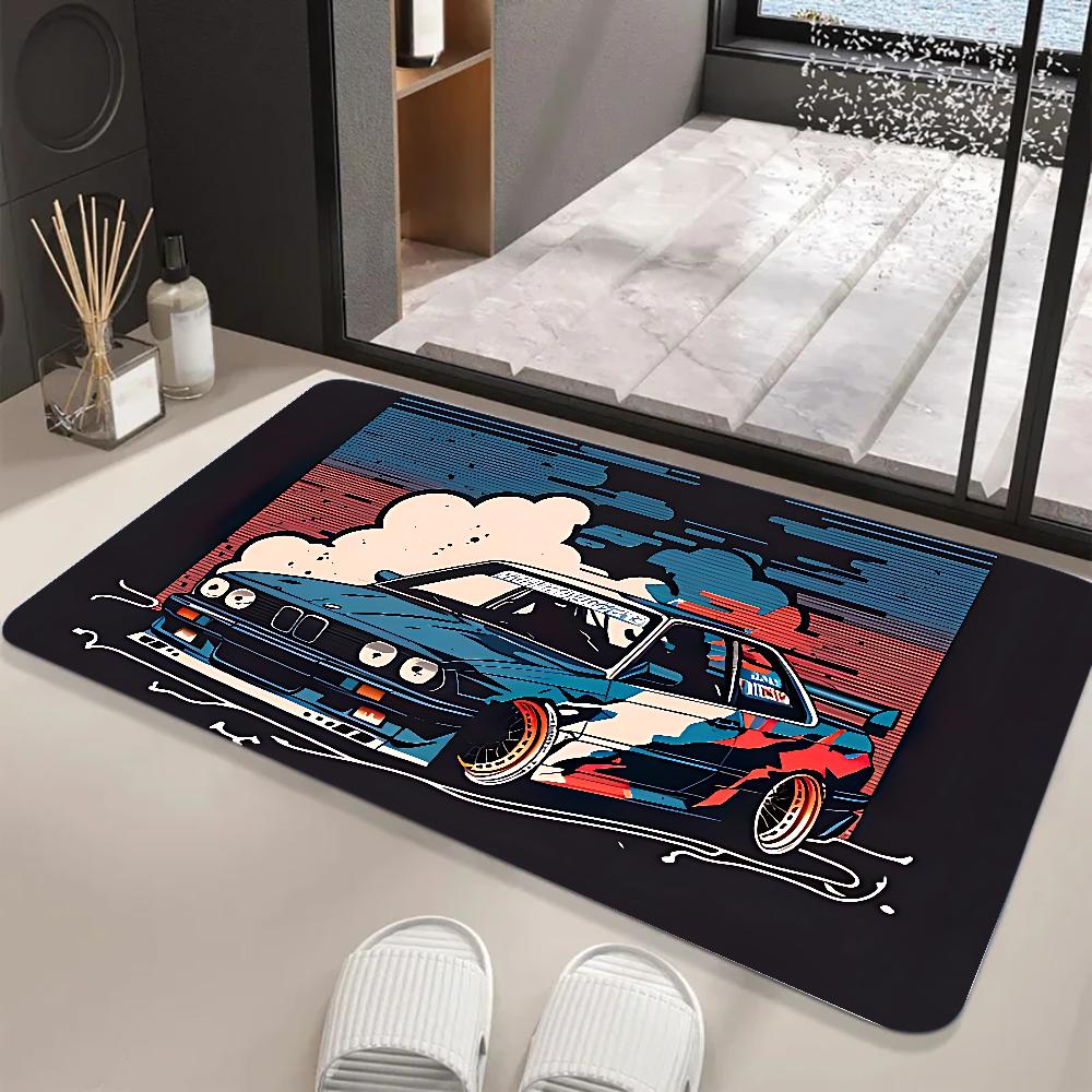 Large Size Retro Sports Car Floor Mat Graphic Printed Flannel Doormats For Bathroom Kitchen Entrance Carpet Home Decor