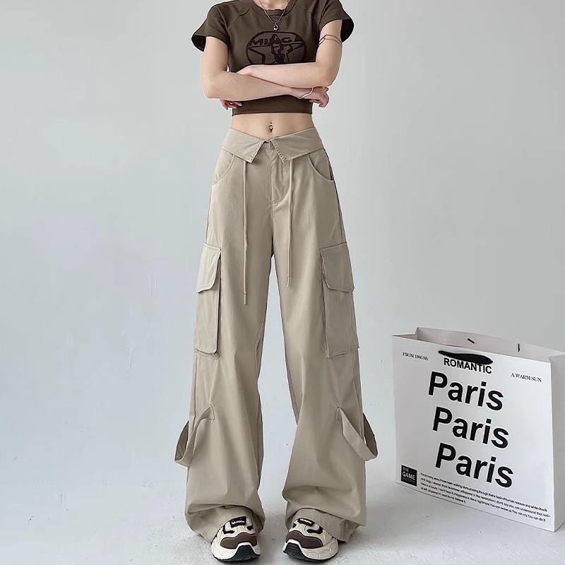 Quick-drying Paratrooper Overalls Women's Autumn New Design Sense Turned Waist Casual Loose Straight Wide-leg Sweatpants