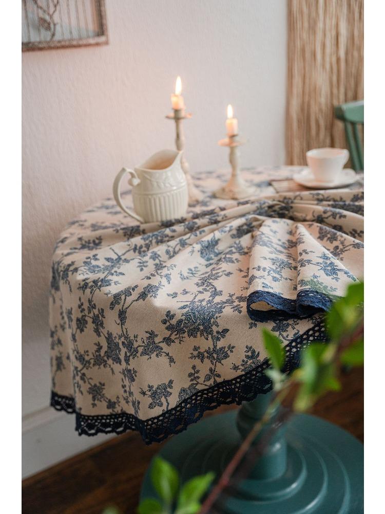Tablecloth Blue Rose Print Dining Table Cloth Round Fabric Retro Small Round Table Suitable for Holiday Dining Rooms,  Picnics, Outdoor Camping