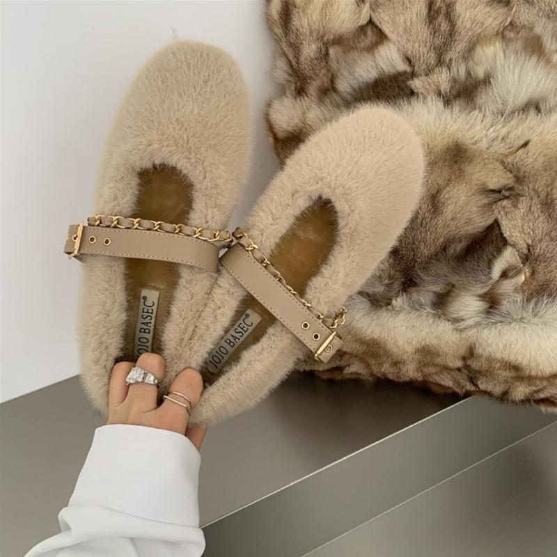 Designer Autumn Women Comfortable Warm Fur Shoes Fashion Shallow Slip on Ladies Flats Shoes Round Toe Women's Mary Jane Shoes