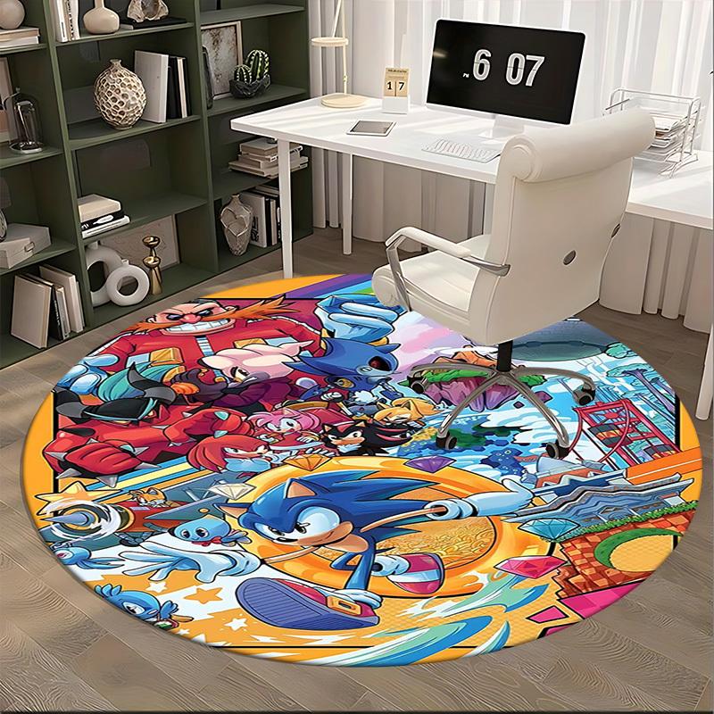 1pc Sonic the Hedgehog Anime Cartoon Design Round Carpet  Office Chair Mat, NonSlip Rug for Home Decor, Living Room, Bedroom