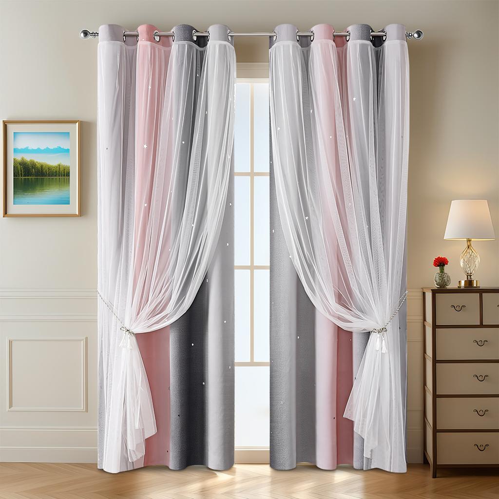 2025Gradient Striped Curtains Double Layer Curtains Blackout Sheer Curtains Perforated Curtains