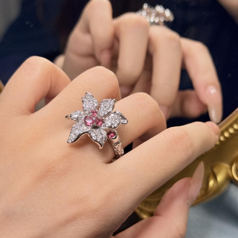 Elegant Pink Diamond Ice Flower Ring: Unique Luxury Design with Full Diamond Petals Adjustable Opening