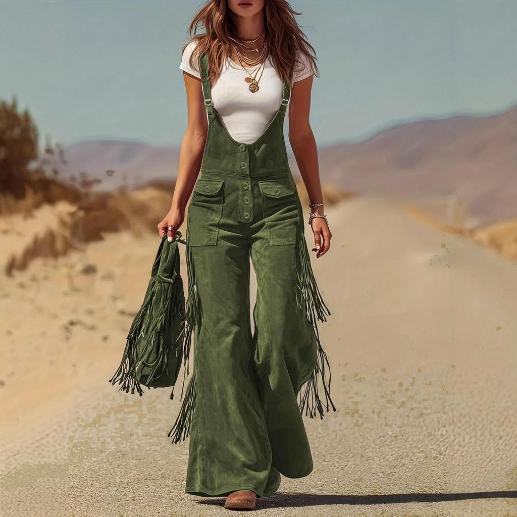 Retro Western Wildleder Fransen Weite Beine Taschen Latzhose