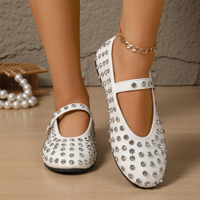 Luxury Crystal Rhinestone Fishnet Ballet Flats Woman Brand Design Rivet Studs Mesh Mary Jane Shoes Ladies Summer Cut Out Loafers