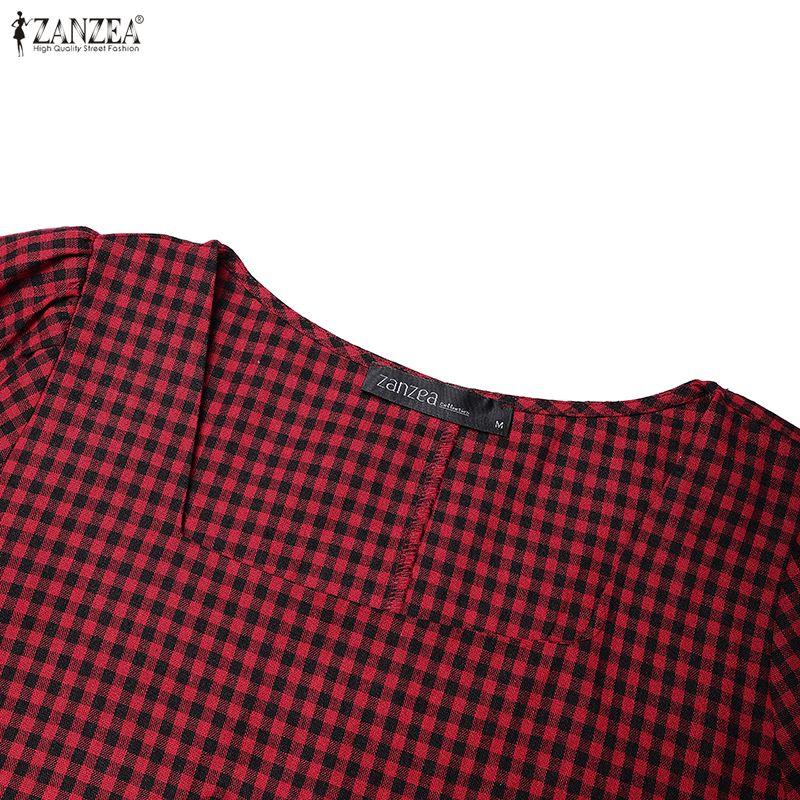 ZANZEA Women Casual Square Collar Summer Short Sleeve Grid Print Dress
