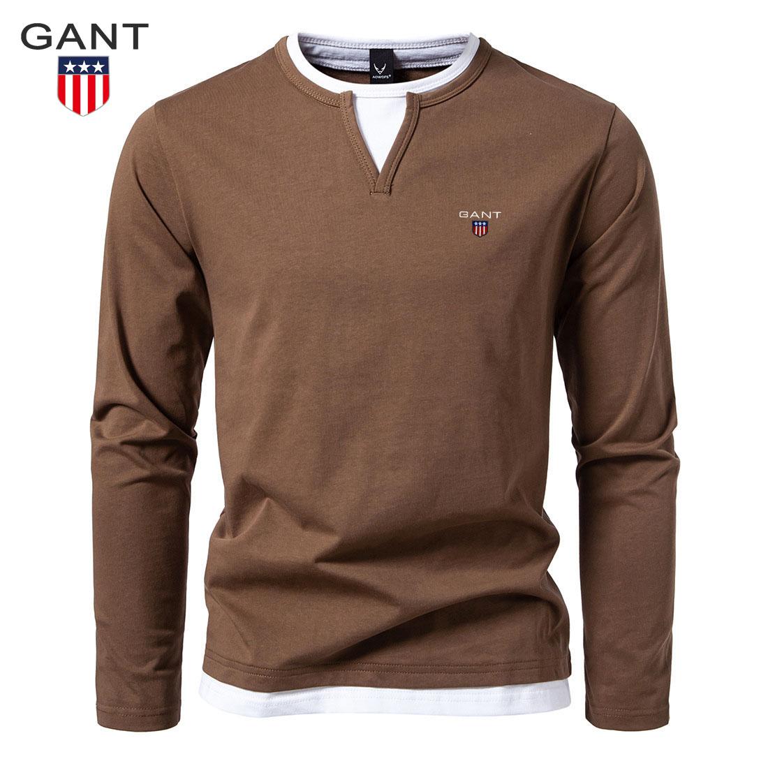 

GANT Autumn New Embroidered Men s Double-layer V-neck Long Sleeved T-shirt, Fashionable and Casual Base T-shirt, Men s Top XXL