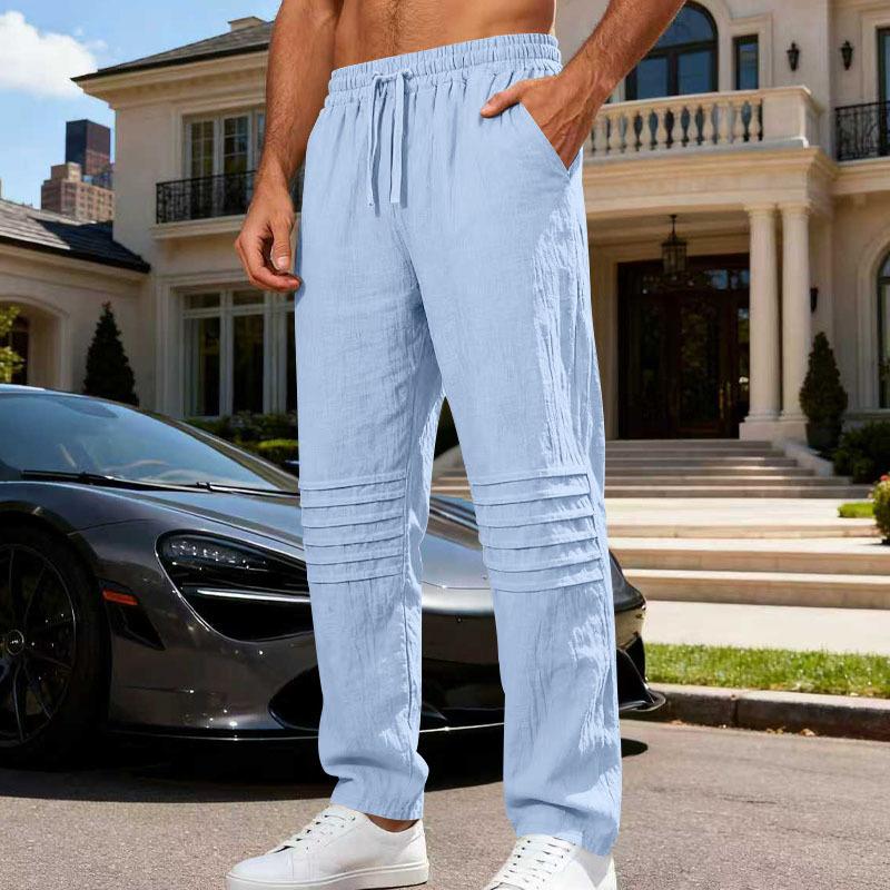 Autumn New Loose Linen Casual Trendy Pleated Simple Home Men's Breathable Straight Trousers