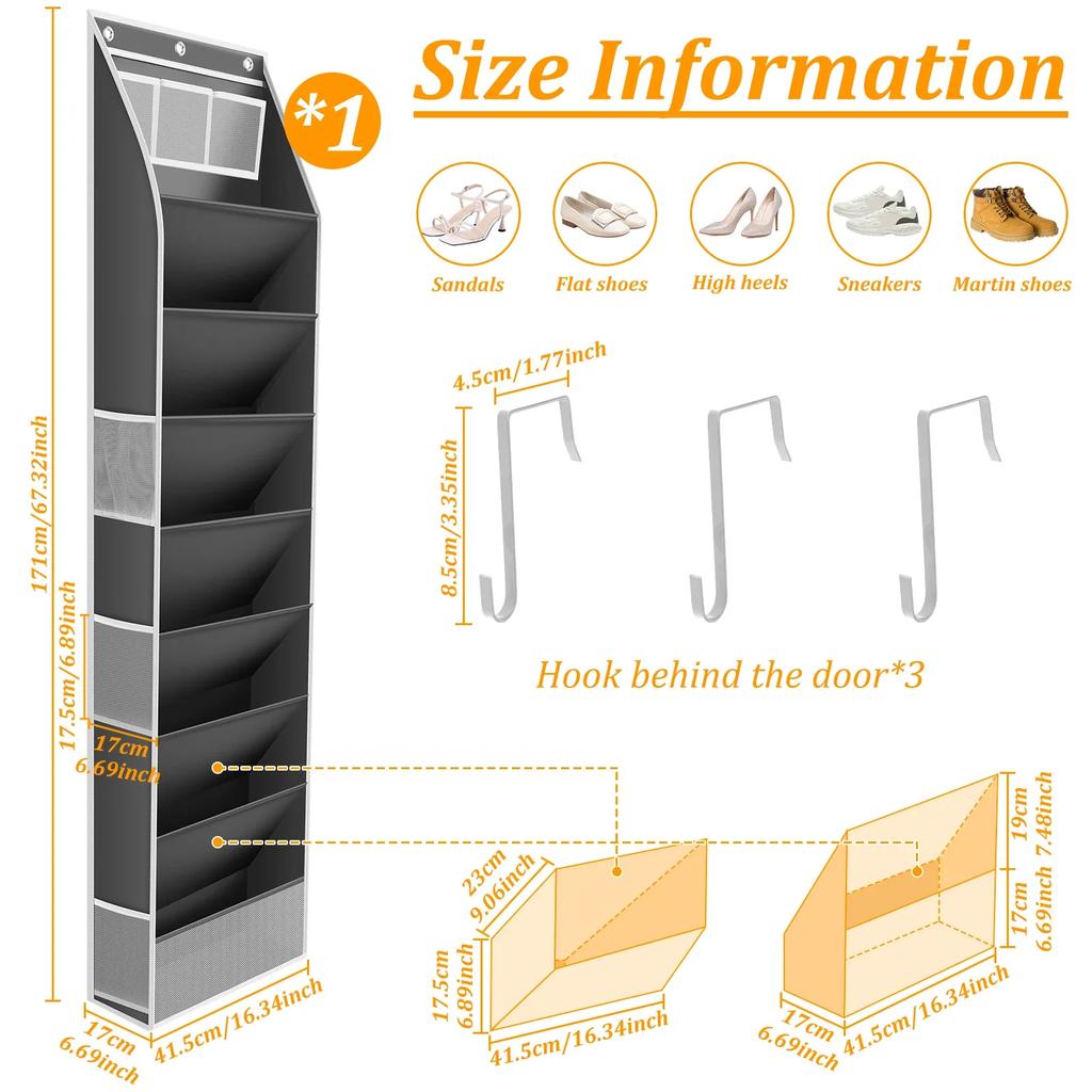 Over The Door Shoe Organizer Bag 8 Layer Shoes Hanging Storage Rack with Top and Side Pockets for Boots Sneakers Sandals