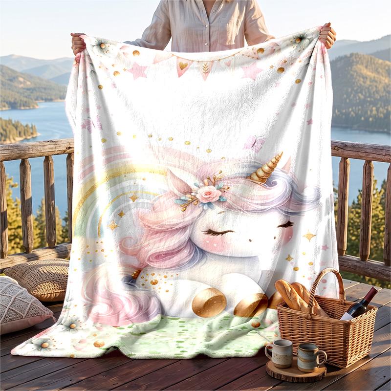 Warm Flannel Blanket Unicorn Pattern, Lightweight Comfortable Throw Blanket for Bed Sofa Use