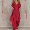 2026 Retro Solid V-neck Short-sleeve Top & Wide-leg Pants Set for Spring/Autumn