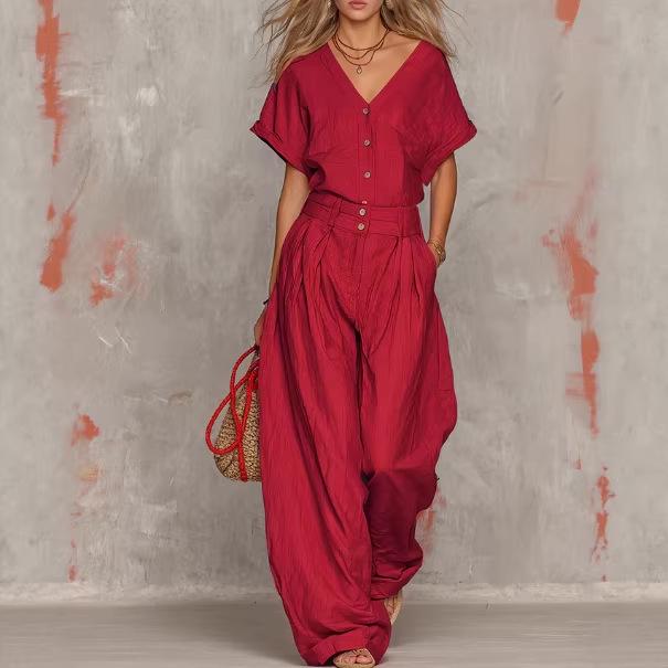 2026 Retro Solid V-neck Short-sleeve Top & Wide-leg Pants Set for Spring/Autumn