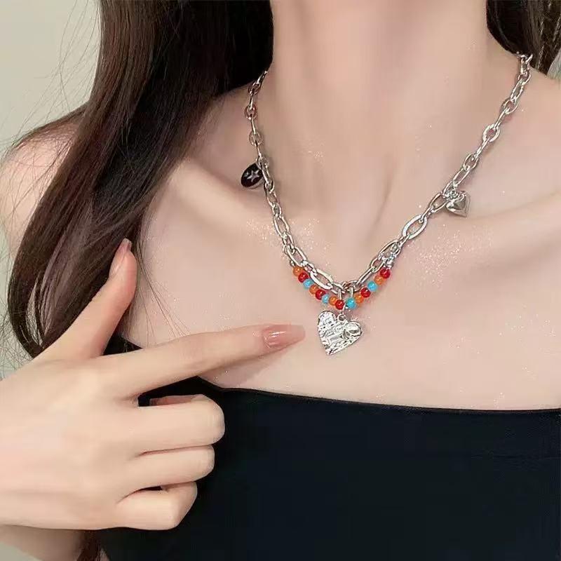 Candy color dopamine necklace female versatile niche design beaded collarbone chain sweet cool girl neck chain jewelry