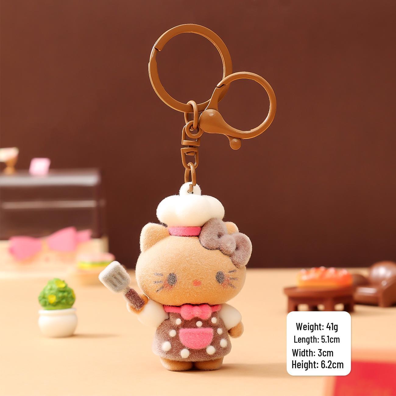 Adorable Chef Kitten Keychain Charm - Cute Flocked Pendant Toy