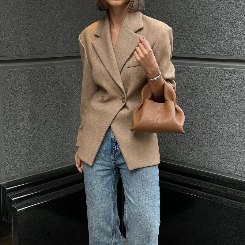 Women's Beige Loose Fit Notch Lapel Casual Blazer Asymmetric Hem Long Sleeve Jacket