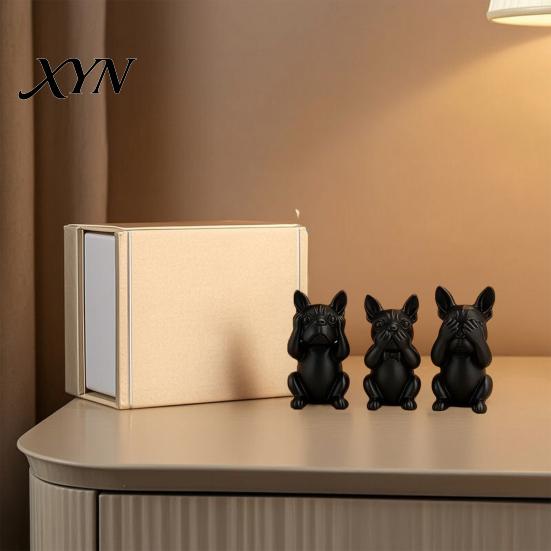 French Bulldog Desk Ornament 3D Printed Statues Set of 3, Matte Black Sculpture, Minimalist Bull Dog One-piece Molded Figure Figurines for Home