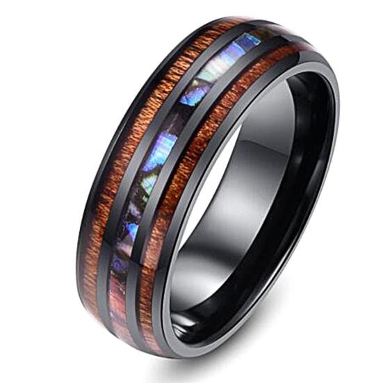 Unisex Wooden Abalone Shell Titanium Steel Ring Wedding Party Jewelry