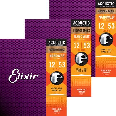 Elixir Acoustic Guitar Strings NANOWEB Phosphor Bronze Light Set of 3 .012-.053 #16052 []