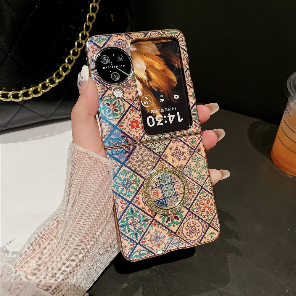 N3 Flip Blue-Ray Ring Holder Retro Palace Gold Plating Flower Case For OPPO Find N3 FlipFind N2 Flip Shockproof Back Cover