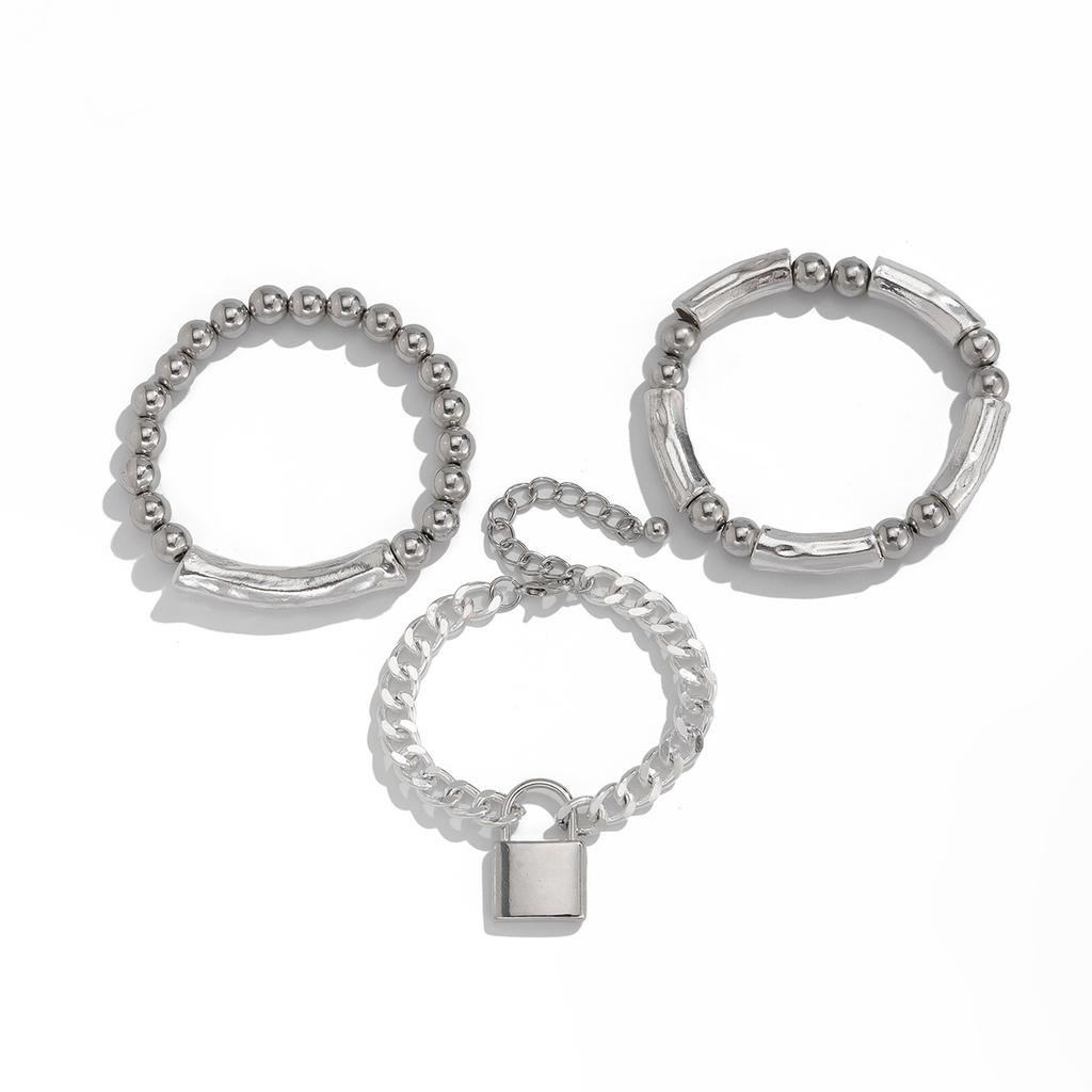 1SET Punk Wind Lock Pendant Bracelet Personalized Metal Elbow Beaded Elastic Jewelry Women