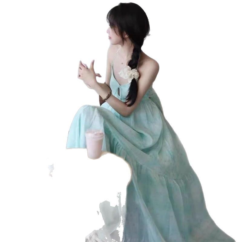Mint Mambo Seaside Resort Atmosphere Beach Dress Design Sense Neck Dress Fairy Temperament Swing Skirt