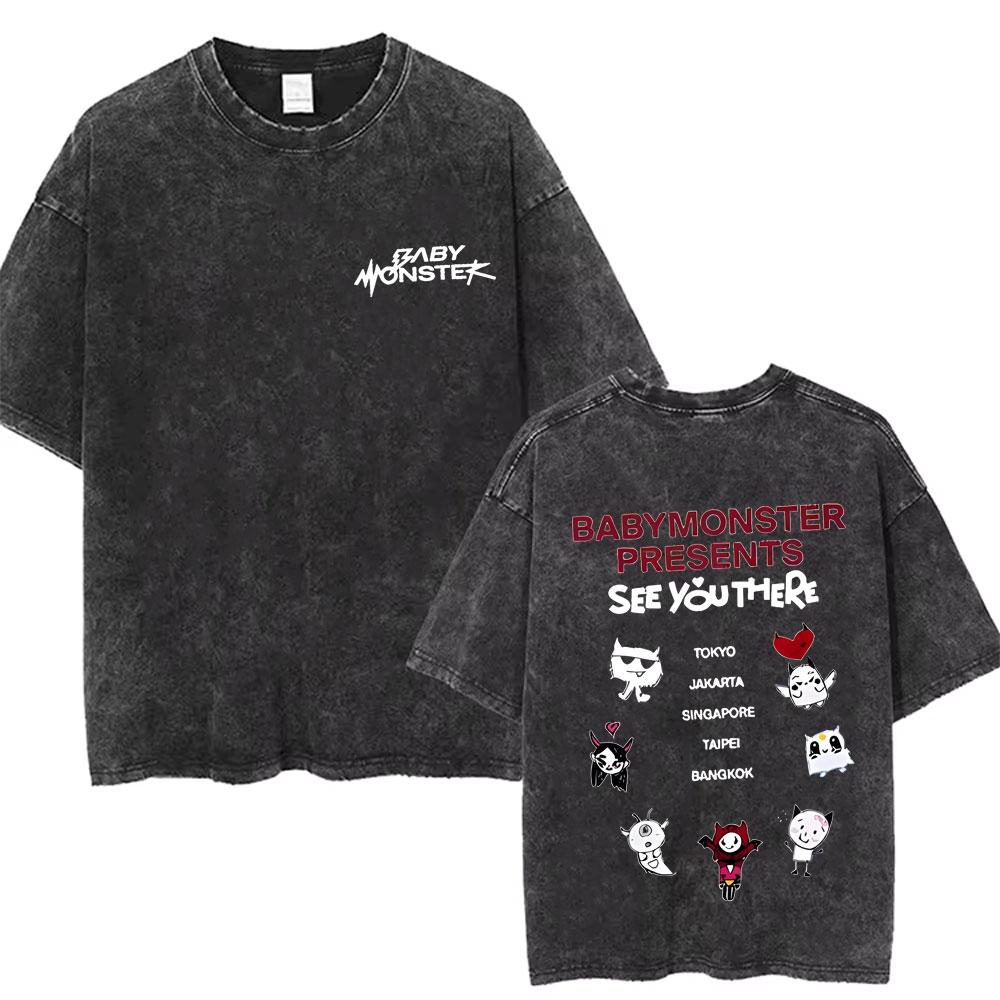 Babymonster Washed Vintage Tshirt Hello Monsters World Tour Graphic Tshirt Mens Korean Fashion Oversized Streetwear T Shirts