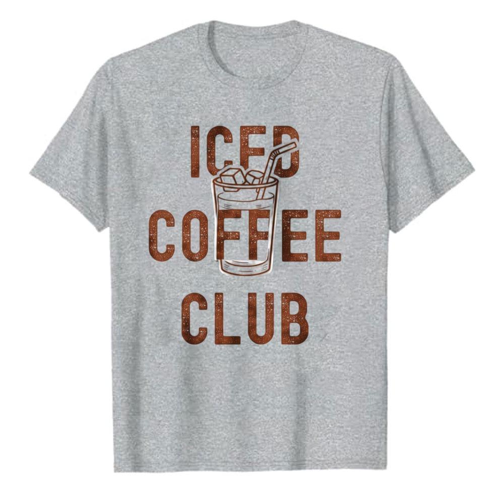 Vintage Funny Iced Coffee Club Graphic Tee Crew Neck Short Sleeve Relaxed with Straw Ice Cubes Text Design High Quality Cotton