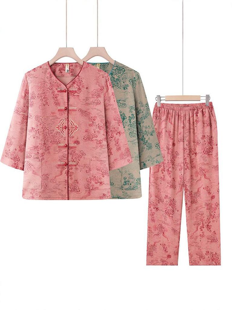 Women's Spring & Autumn Tang Suit Set: Middle-Aged & Elderly Cardigan, Loose Casual Home Wear, Red Zodiac Year Design