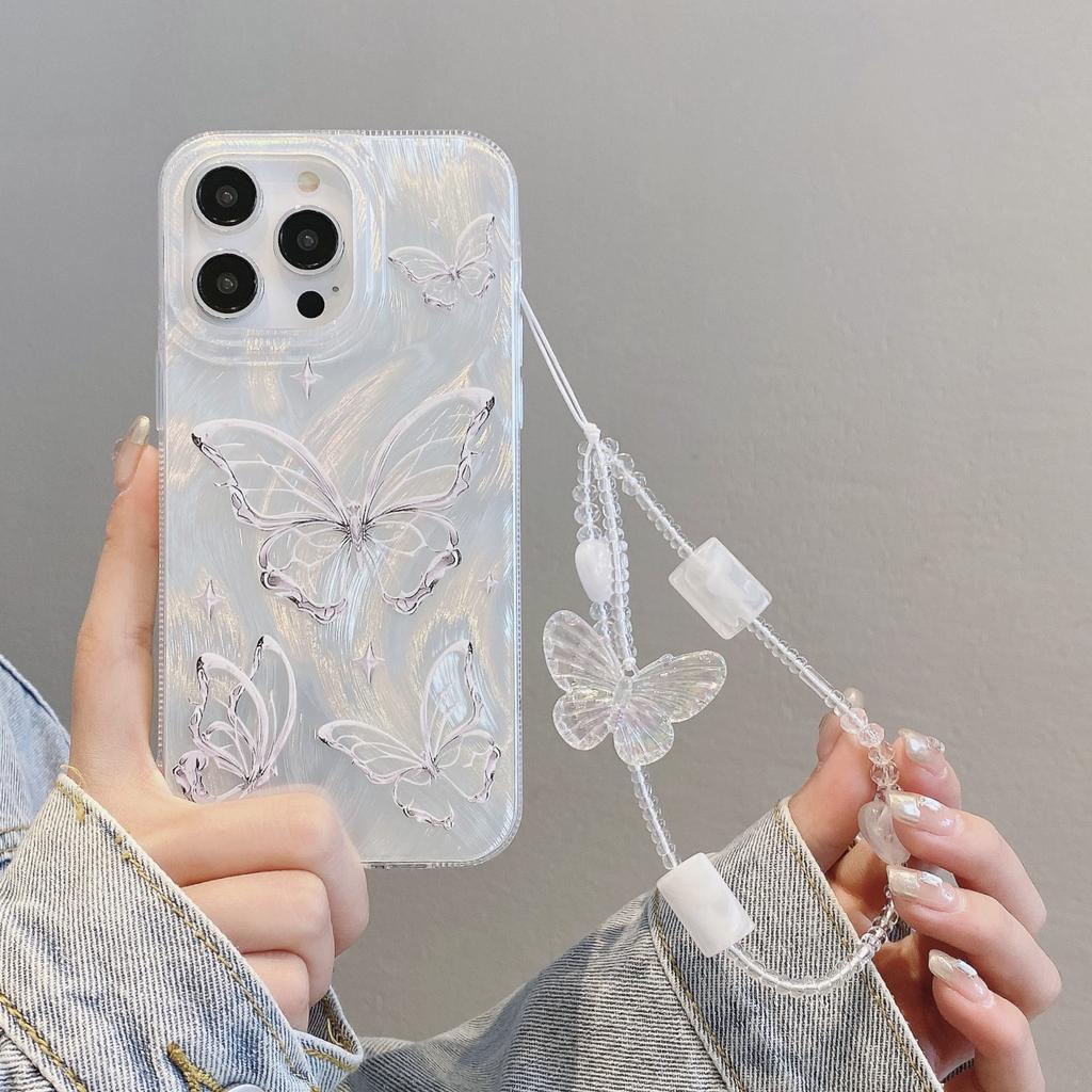 Applicable To IPhone 15 High-end Feather Shell Apple 16 Butterfly Pearl Chain Apple 11 Silver Hard Shell Protective Cover