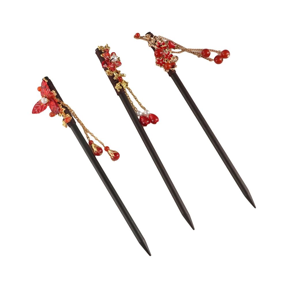 

Fashion Retro Red Hair Stick Ancient Style Chinese Hairpin Headwear Red Rose Fringe Hairpin Women 03