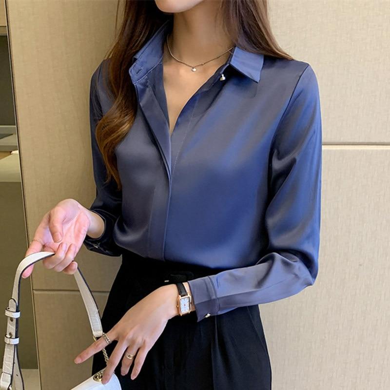 Silk Shirts Women White Shirt Women Long Sleeve Shirts Blouse Office Lady Satin Silk Blouse