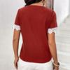 Solid Color Patchwork Hollow Lace Waffle V-neck Top for Women Shirt