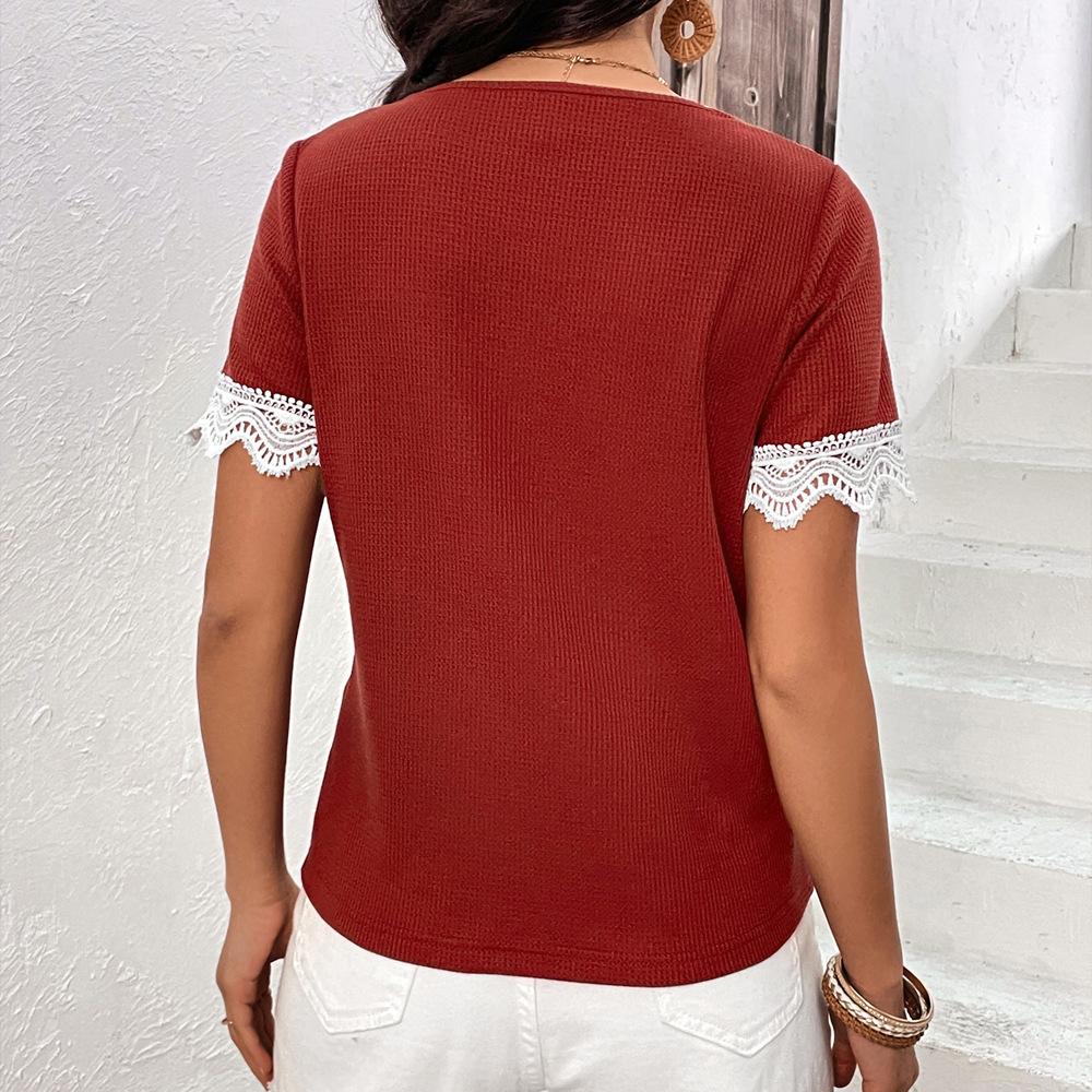 Solid Color Patchwork Hollow Lace Waffle V-neck Top for Women Shirt