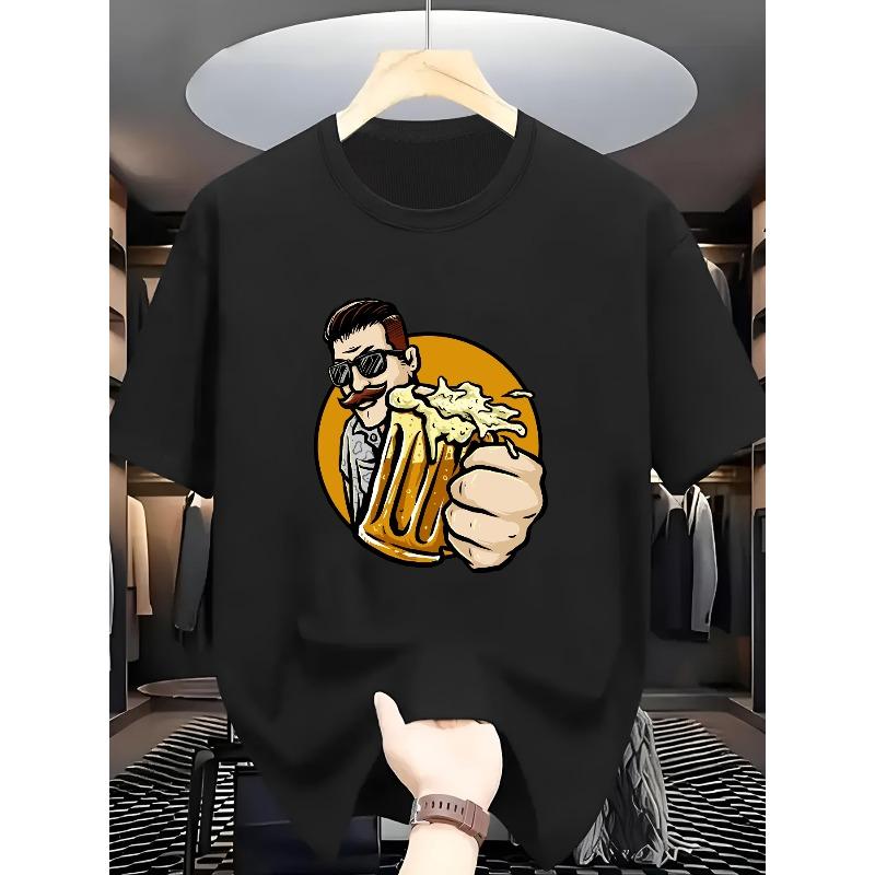 Men'S T-Shirt Men'S Cartoon Character Holding Beer Cup Print Round Neck Short Sleeve T-Shirt Comfortable Casual Short-Sleeved T-Shirt in Summer