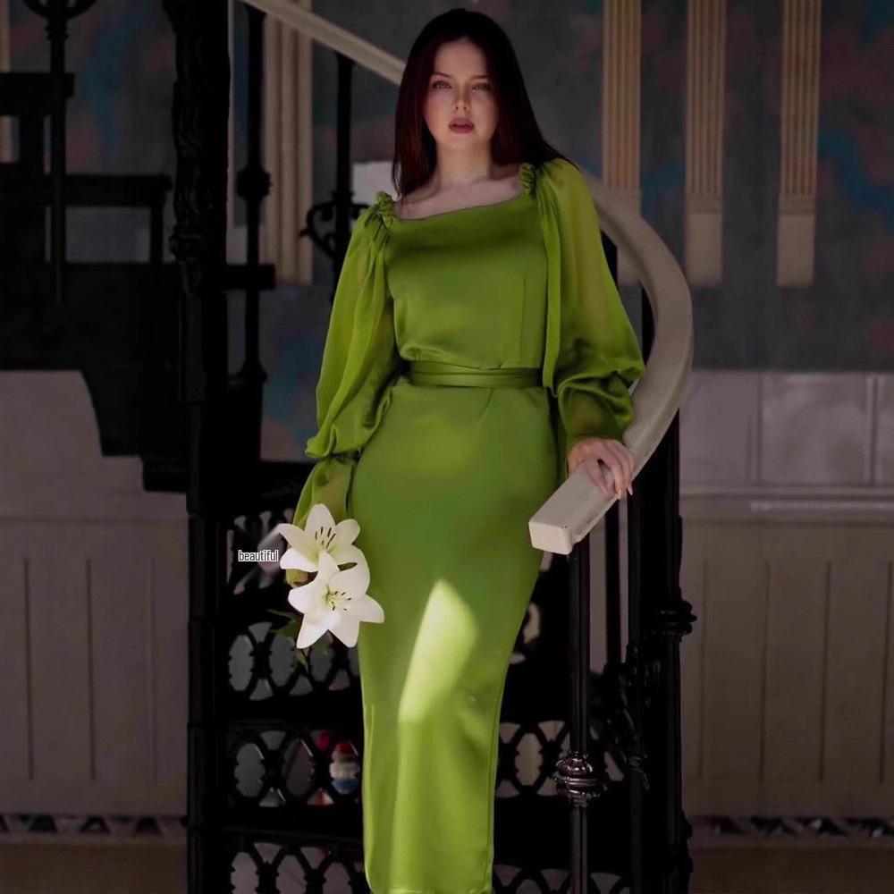 

Однотонное длинное платье в стиле «Французский сказочный лес» с рукавами-фонариками - Элегантный, облегающий дизайн XL зелёный