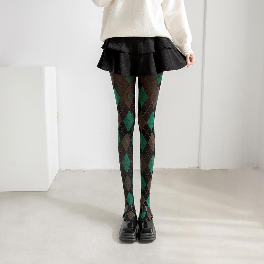 Rautenmuster Retro Schlankmachende Leggings, Tintengrün & Rot Oberschenkelhohe Damenstrümpfe