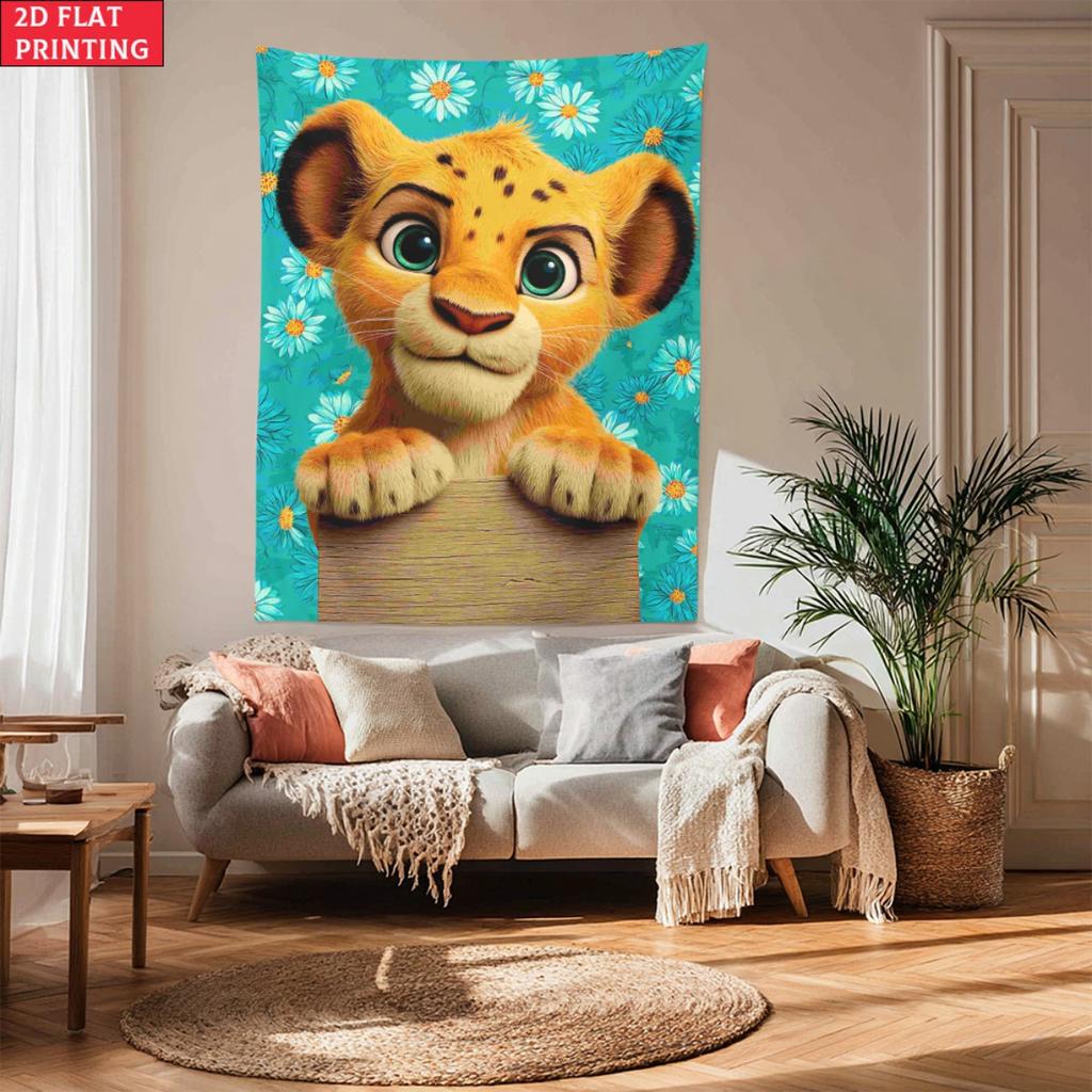 Vibrant Daisy Lion Cub Tapestry Cute Simba Flower Print Wall Hanging Whimsical Aesthetic Room Decor suitable for use in offices