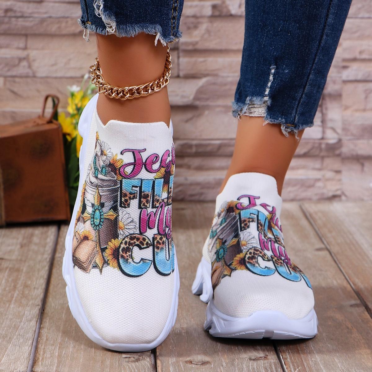 

Fashion Letters Floral Print Platform Sneakers for Women Fashion Knitting Casual Sports Shoes Woman Non Slip Breathable Running Shoes 43